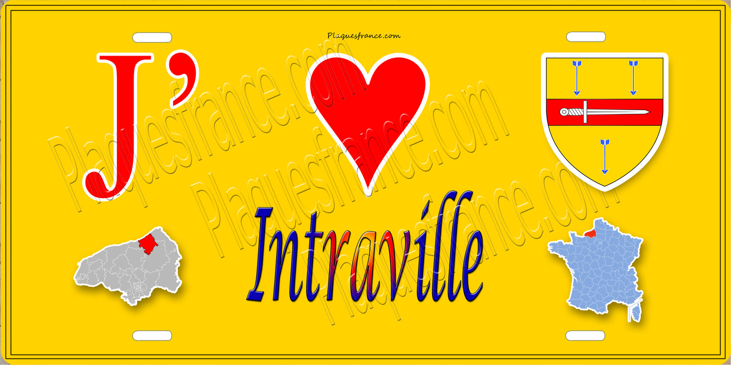 Plaque métal décorative J' ❤️ Intraville, Seine Maritime (76) jaune carte