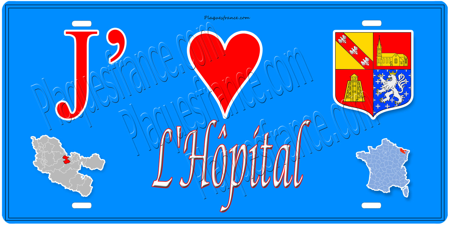 PlaquePlaque métal décorative 15 x 30 cm fond mur bleu carte J' ❤️ L'Hôpital, canton Saint-Avold Moselle 57
