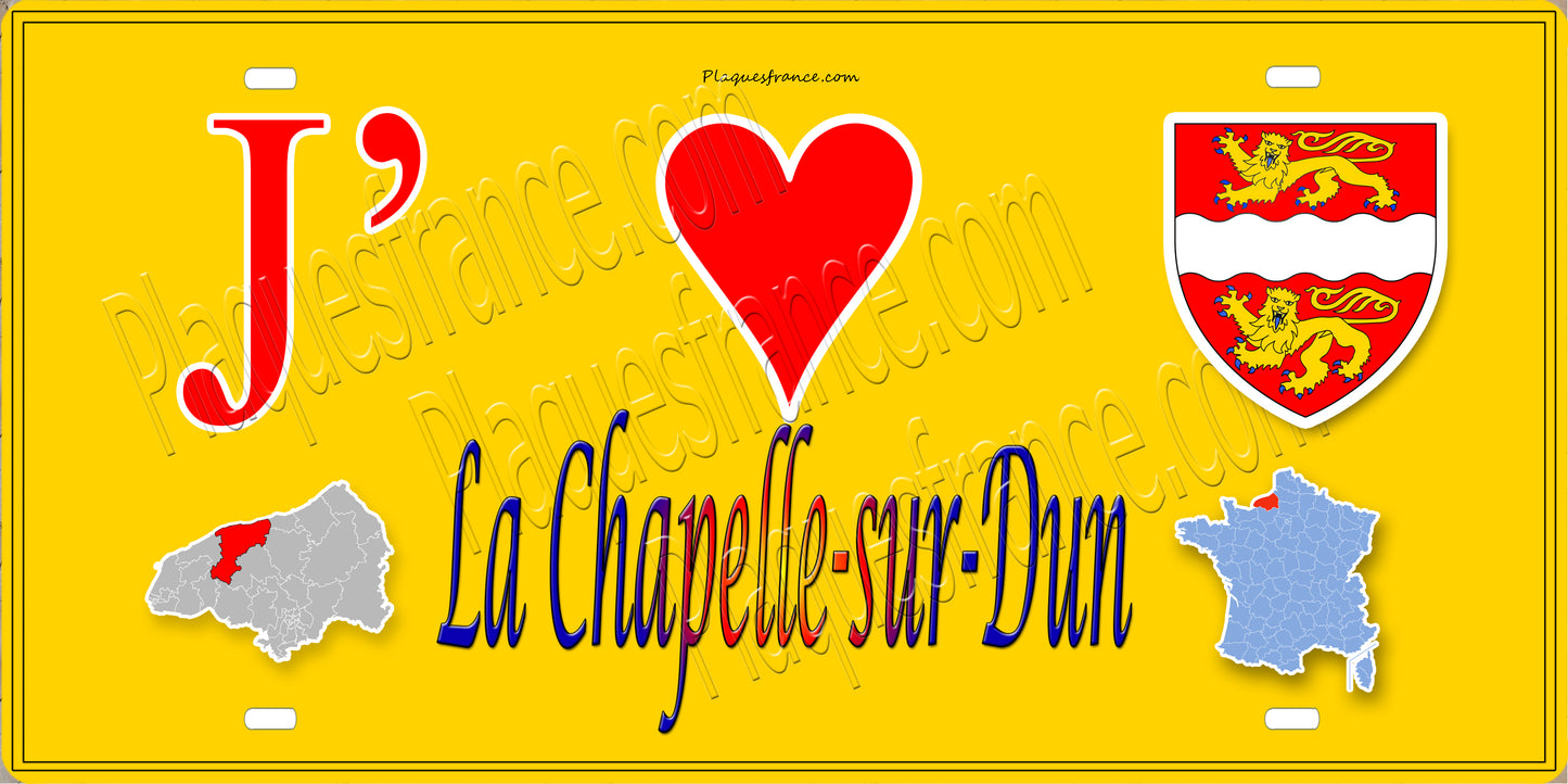 Plaque métal décorative 15X30 J' ❤️ La Chapelle-sur-Dun, Seine Maritime (76) jaune carte