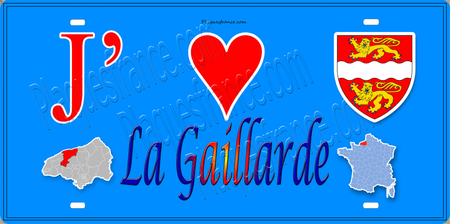 Plaque métal décorative 15X30 J' ❤️ La Gaillarde, Seine Maritime (76) bleu antique