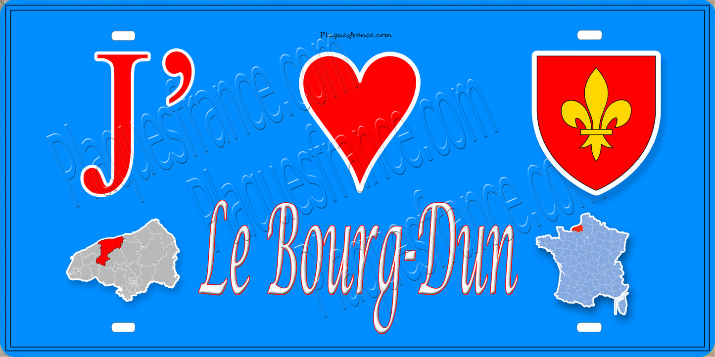 Plaque métal décorative 15X30 J' ❤️ Le Bourg-Dun, Seine Maritime (76) bleu carte