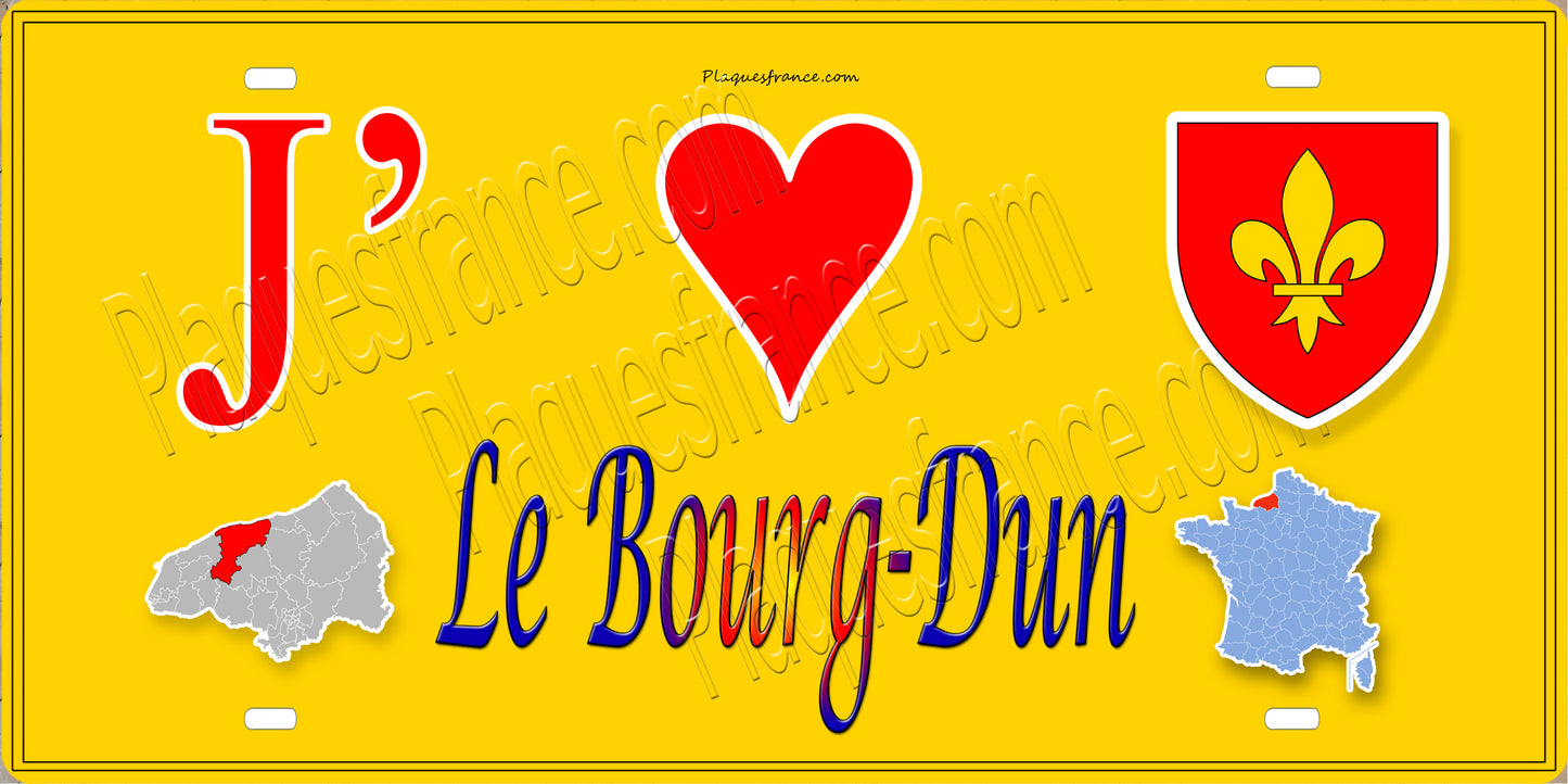 Plaque métal décorative 15X30 J' ❤️ Le Bourg-Dun, Seine Maritime (76) jaune carte