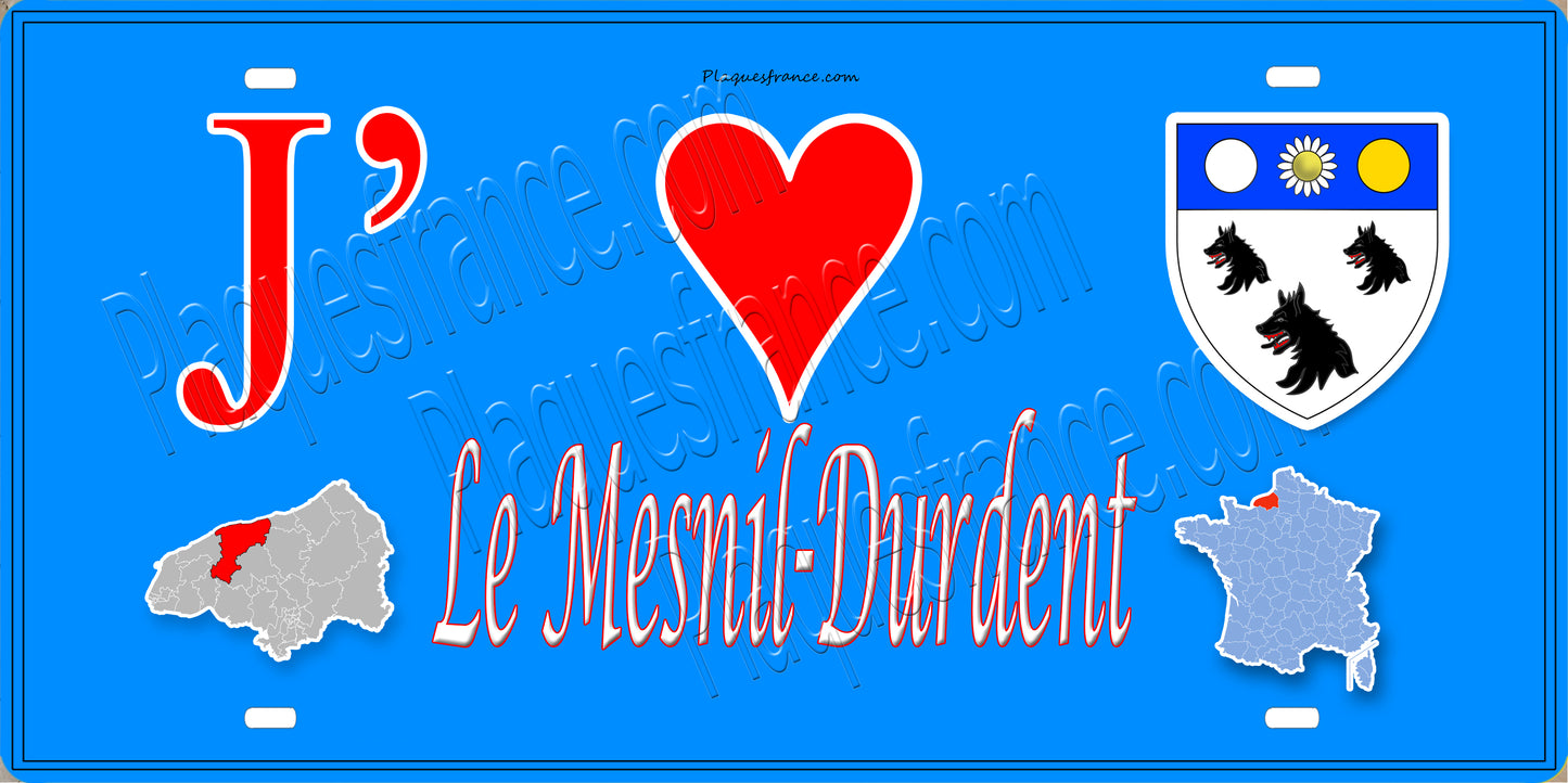 Plaque métal décorative 15X30 J' ❤️ Le Mesnil-Durdent, Seine Maritime (76) bleu carte