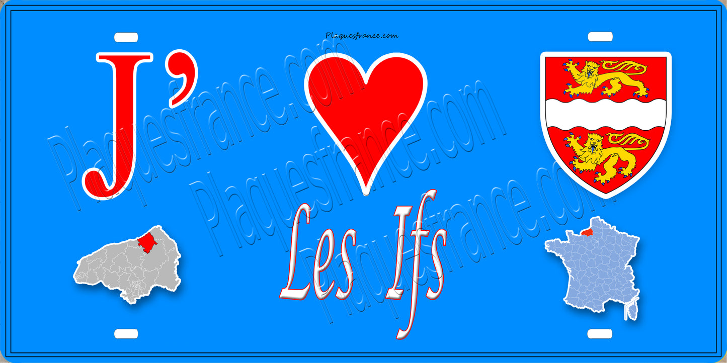 Plaque métal décorative J' ❤️ Les Ifs, Seine Maritime (76) bleu carte
