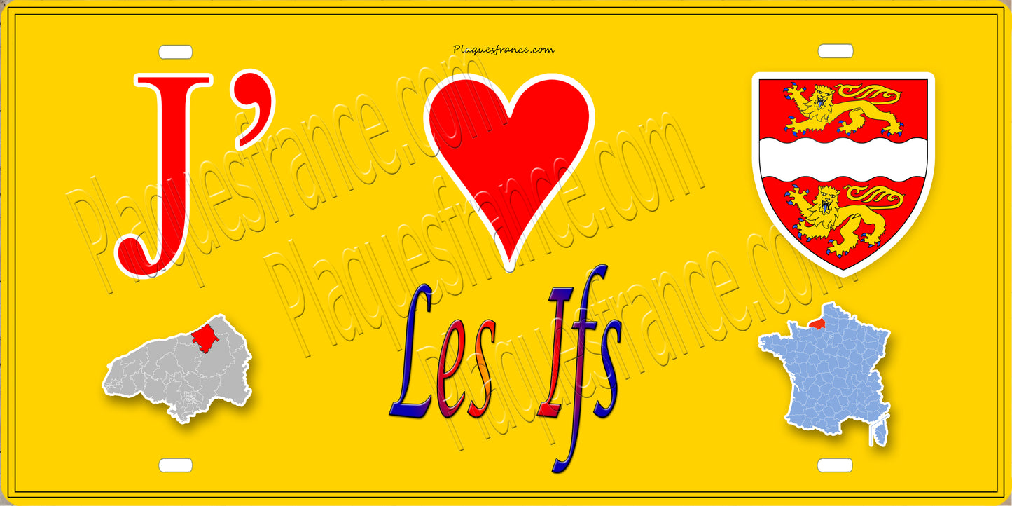 Plaque métal décorative J' ❤️ Les Ifs, Seine Maritime (76) jaune carte