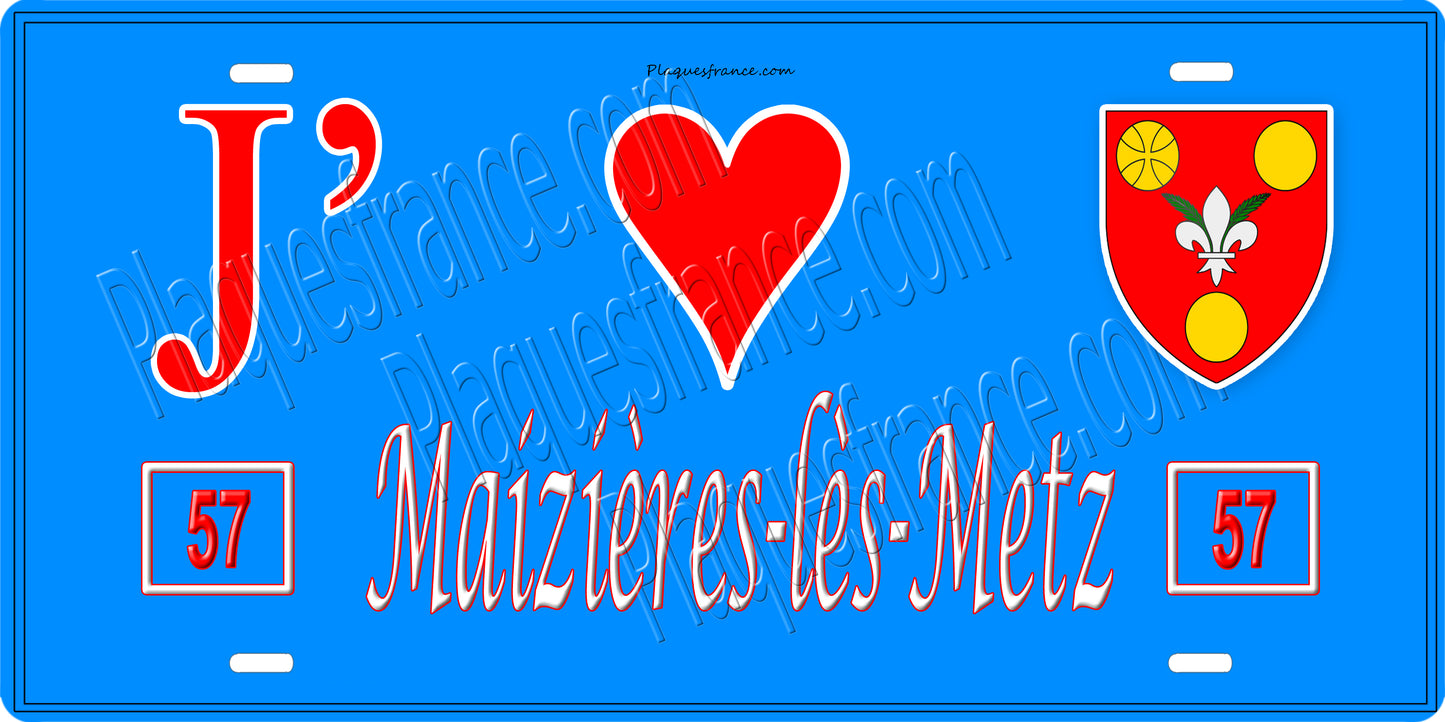 Plaque métal décorative 15 x 30 cm fond mur bleu 57 J' ❤️ Maizières-lès-Metz, canton Le Sillon Mosellan Moselle 57