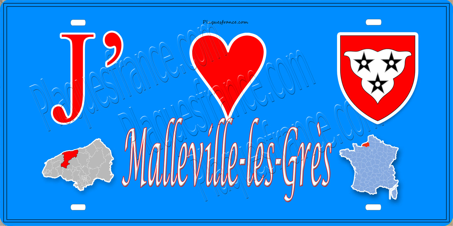 Plaque métal décorative 15X30 J' ❤️ Malleville-les-Grès, Seine Maritime (76) bleu carte
