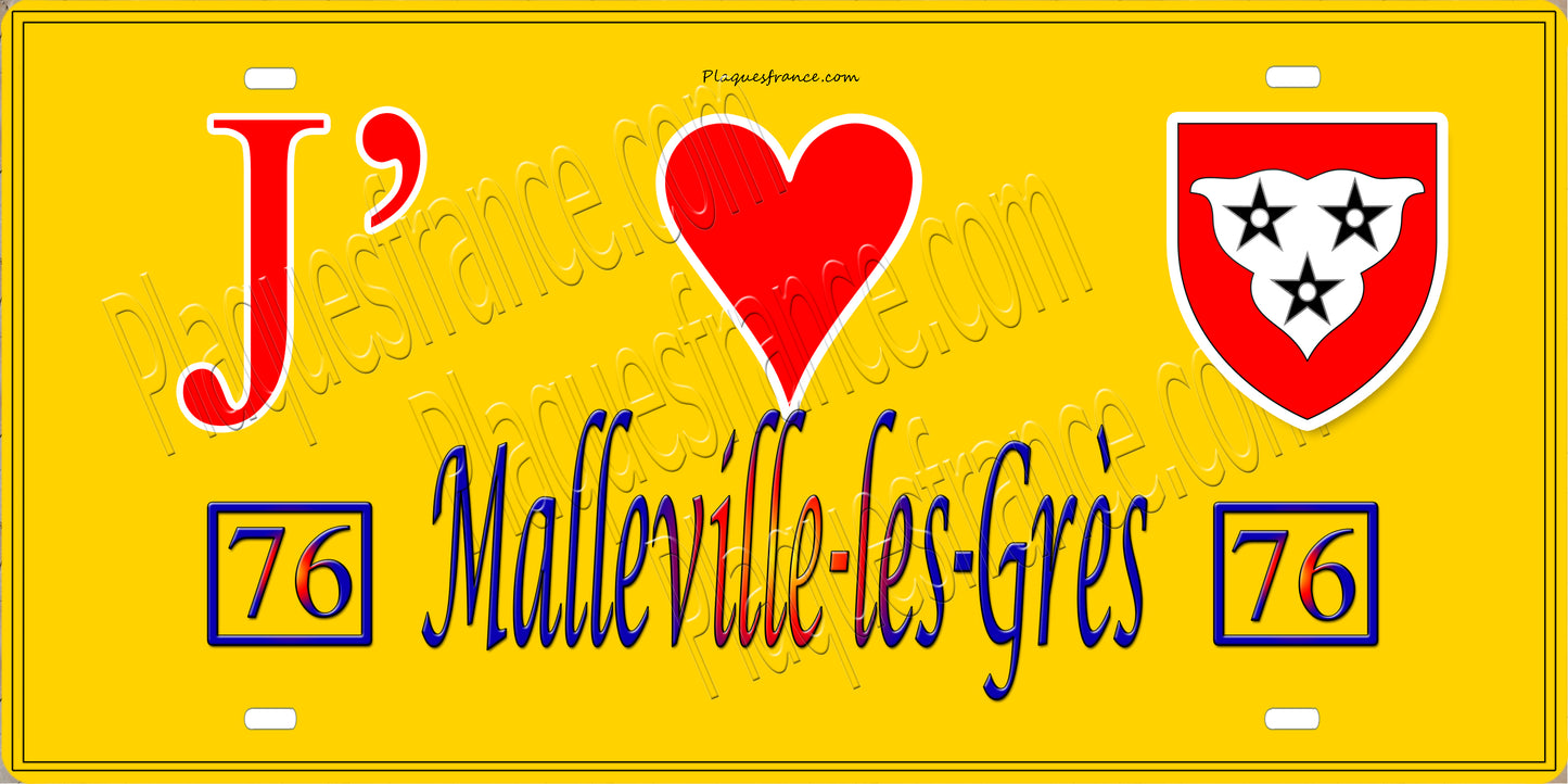 Plaque métal décorative 15X30 J' ❤️ Malleville-les-Grès, Seine Maritime (76) jaune