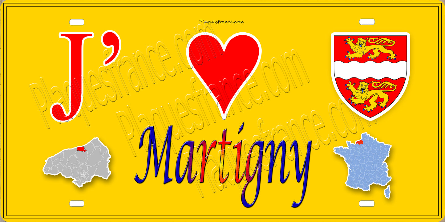 Plaque métal décorative 15x30J' ❤️ Martigny, Seine Maritime (76) jaune carte