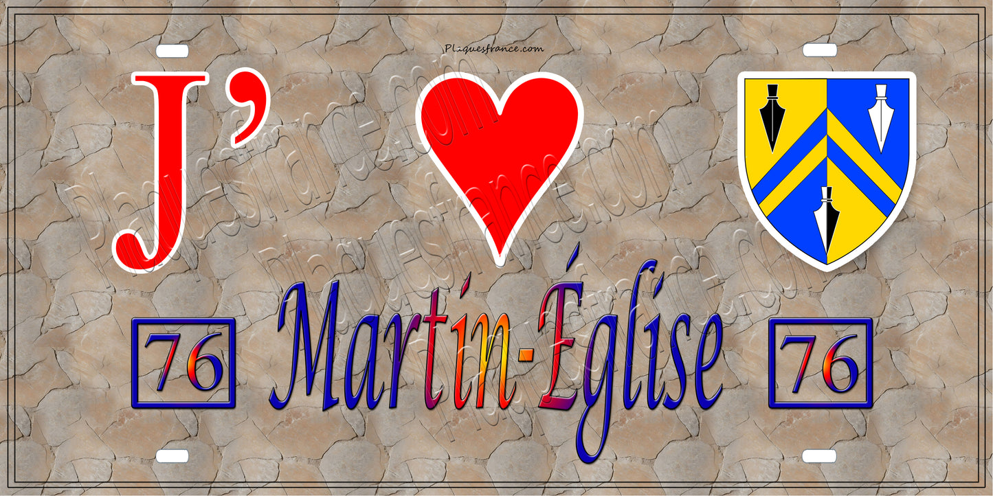 Plaque métal décorative 15x30 J' ❤️ Martin-Église, Seine Maritime (76) antique