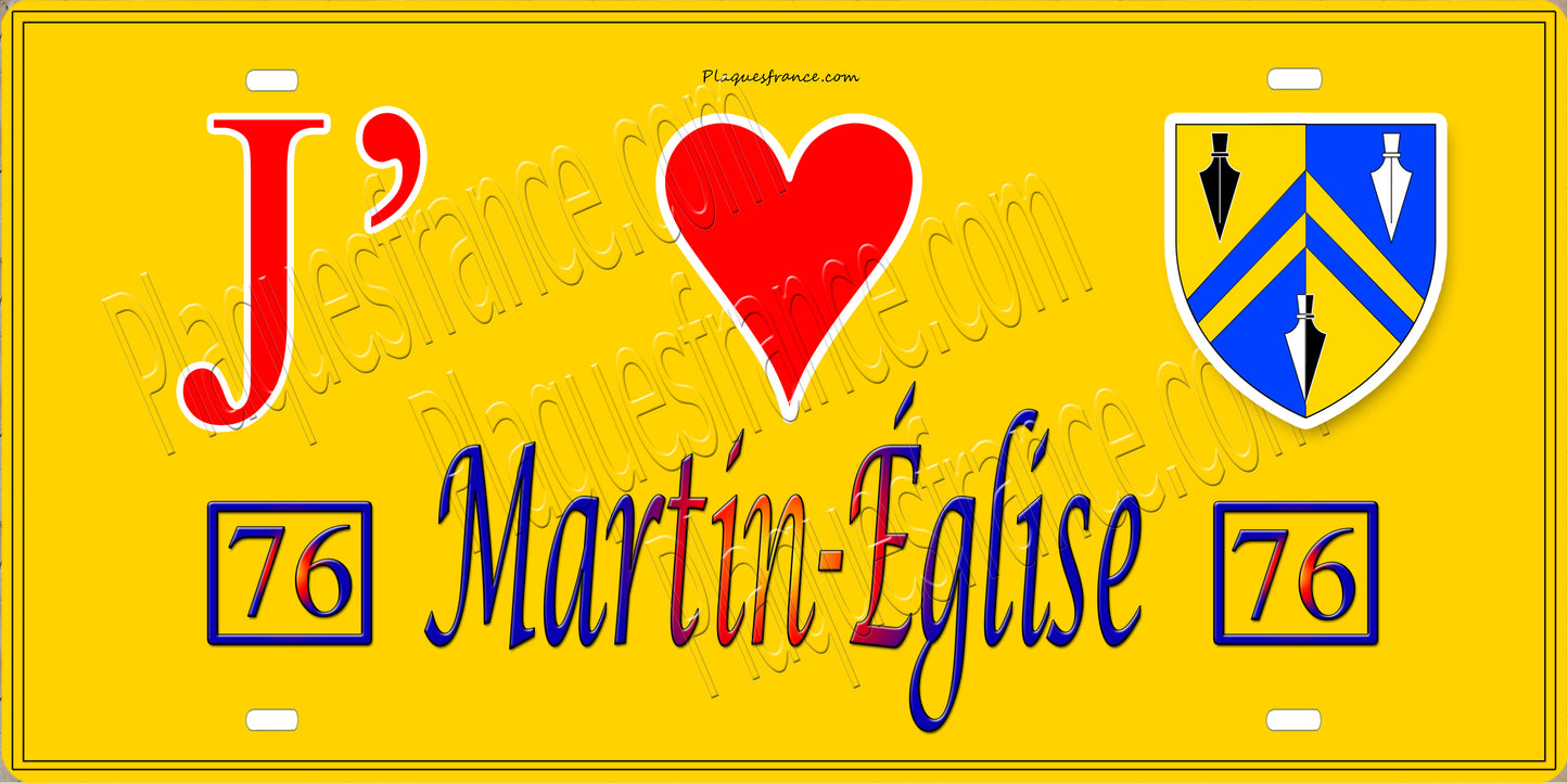 Plaque métal décorative 15x30 J' ❤️ Martin-Église, Seine Maritime (76) jaune