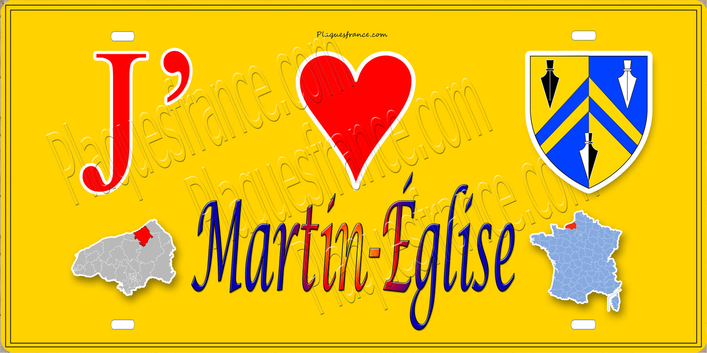 Plaque métal décorative 15x30 J' ❤️ Martin-Église, Seine Maritime (76) jaune carte