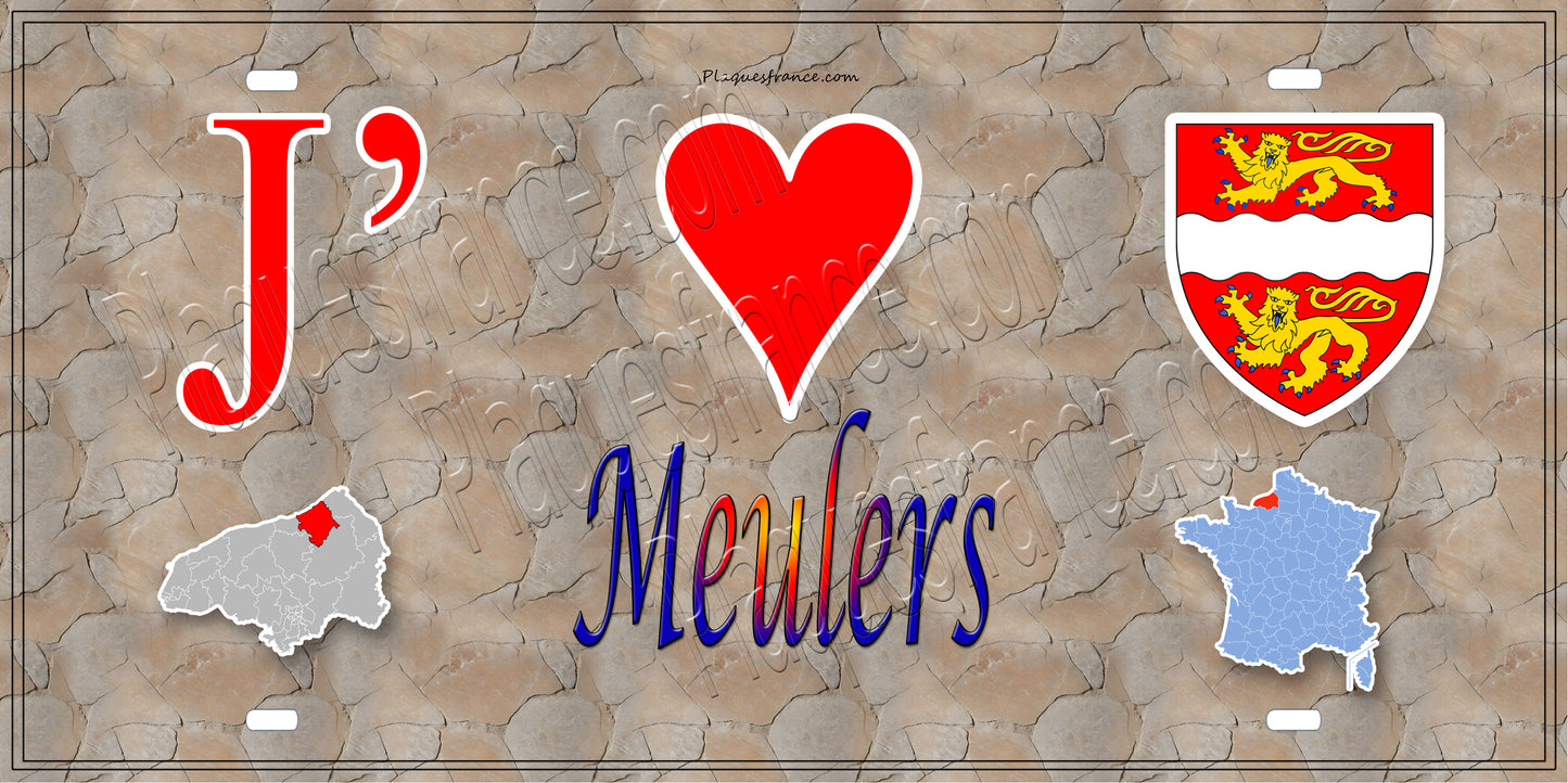 Plaque métal décorative 15x30 J' ❤️ Meulers, Seine Maritime (76) antique carte