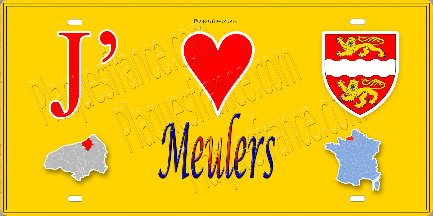 Plaque métal décorative 15x30 J' ❤️ Meulers, Seine Maritime (76) jaune carte