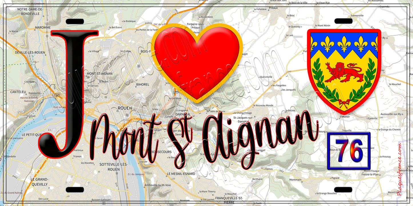 Plaque métal décorative J' ❤️ Mont Saint Aignan, Seine Maritime (76)