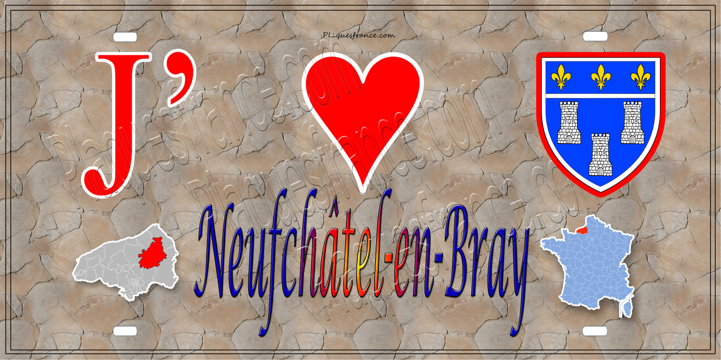 Plaque métal décorative 15X30 J' ❤️ Neufchatel en Bray, Seine Maritime (76) antique carte