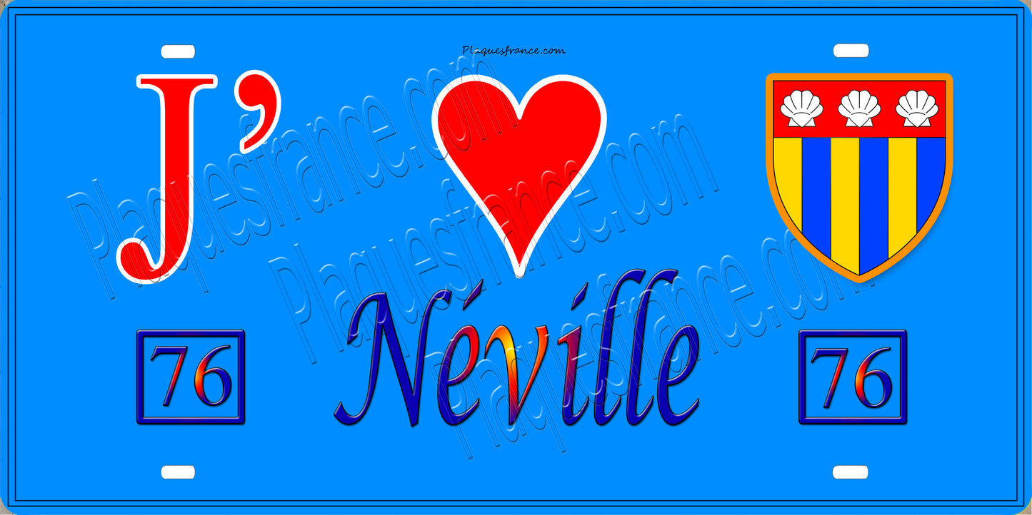Plaque métal décorative 15X30 J' ❤️ Néville, Seine Maritime (76) bleu