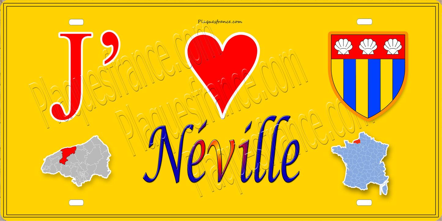 Plaque métal décorative 15X30 J' ❤️ Néville, Seine Maritime (76) jaune carte