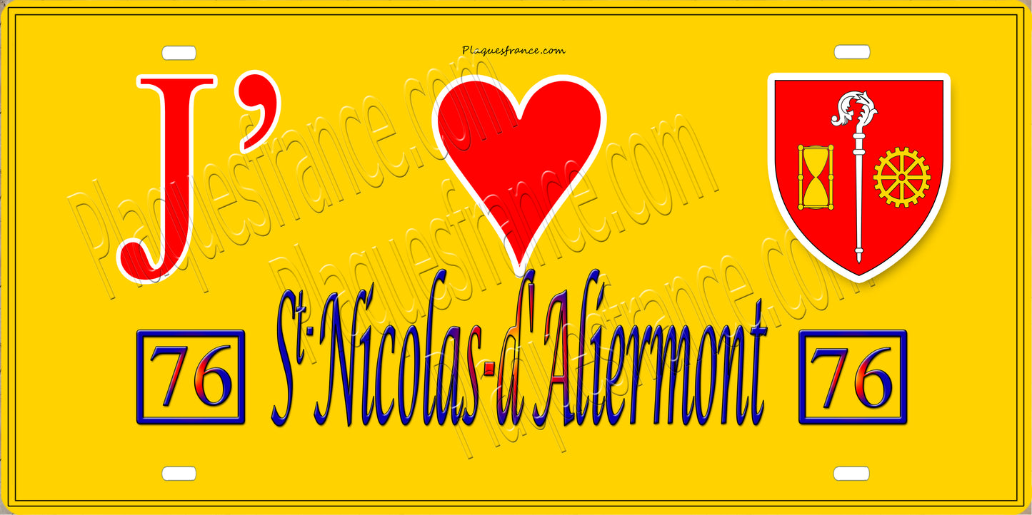 Plaque métal décorative 15x30 J' ❤️ Saint-Nicolas-d’Aliermont, Seine Maritime (76) jaune