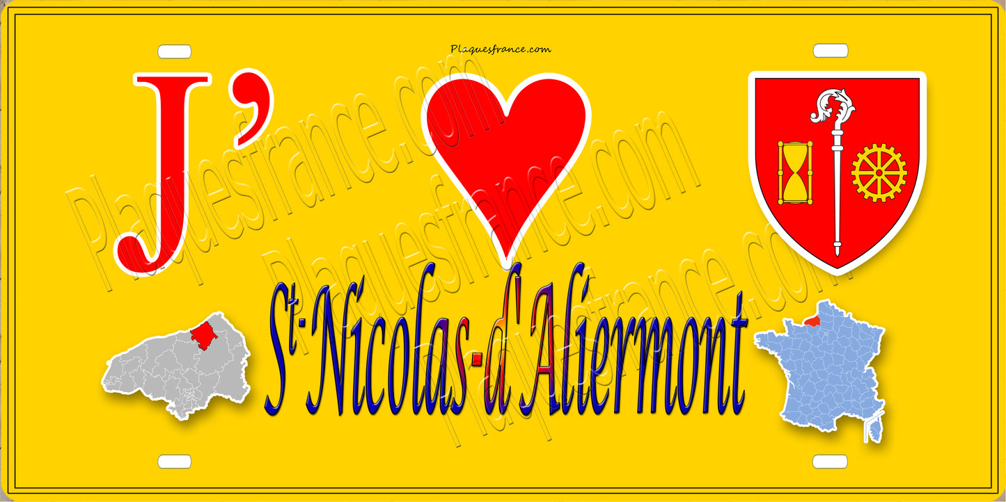 Plaque métal décorative 15x30 J' ❤️ Saint-Nicolas-d’Aliermont, Seine Maritime (76) jaune carte