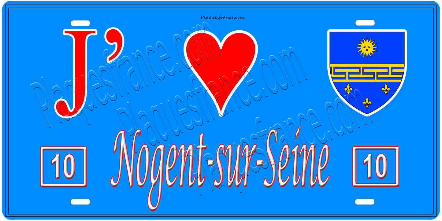 Plaque métal décorative, J' ❤️Nogent-sur-Seine, Aube, fond mur bleu 10