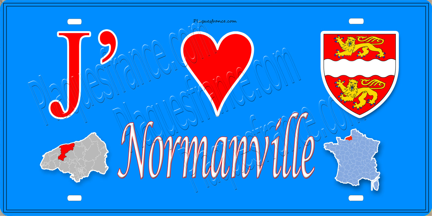Plaque métal décorative 15X30 J' ❤️ Normanville, Seine Maritime (76) bleu carte
