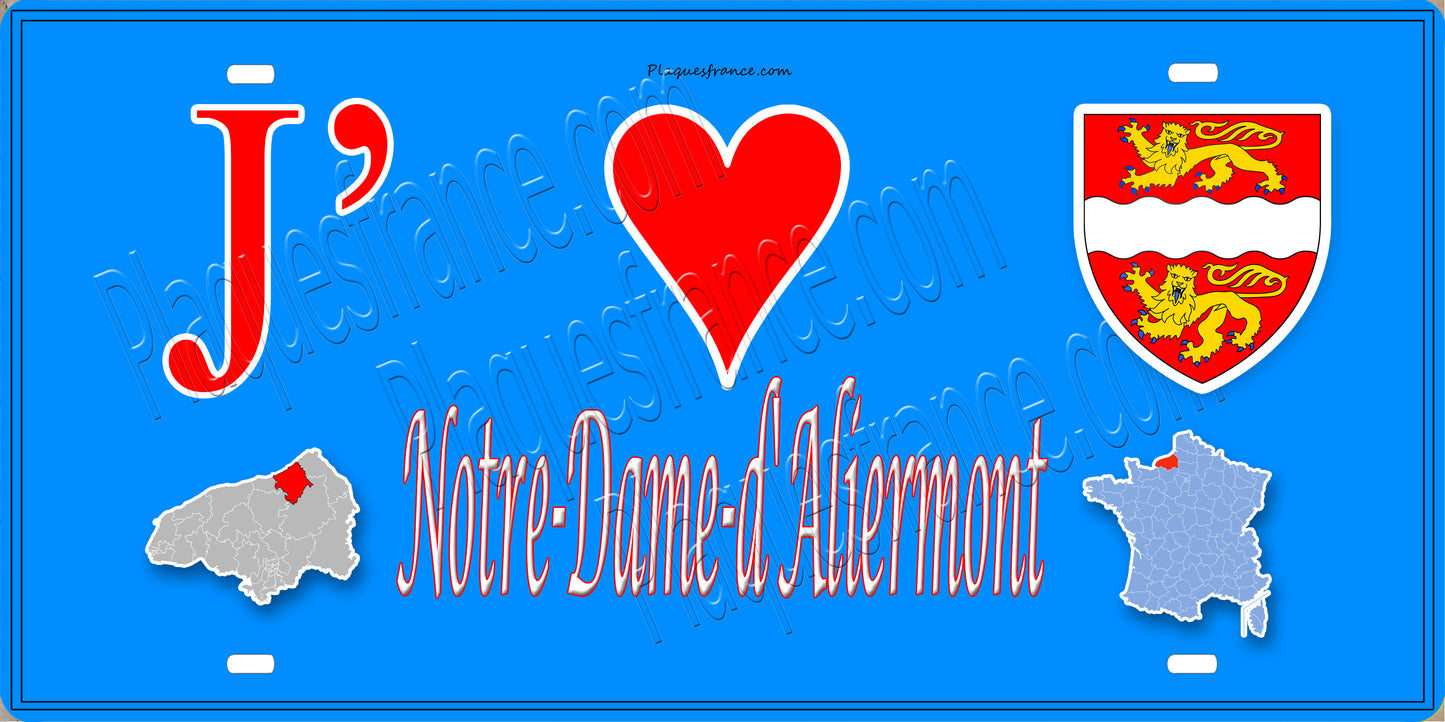 Plaque métal décorative 15x30 J' ❤️ Notre-Dame-d'Aliermont, Seine Maritime (76) bleu carte