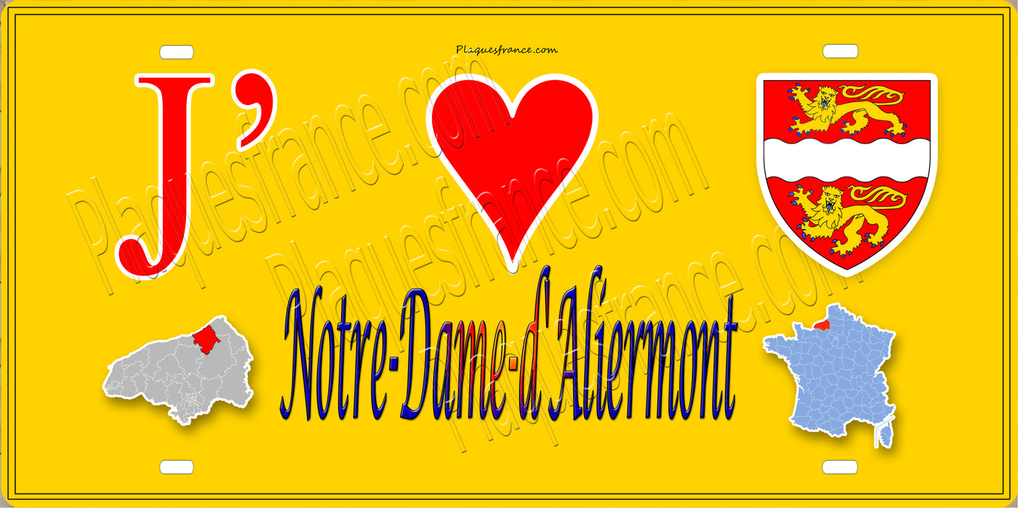 Plaque métal décorative 15x30 J' ❤️ Notre-Dame-d'Aliermont, Seine Maritime (76) jaune carte
