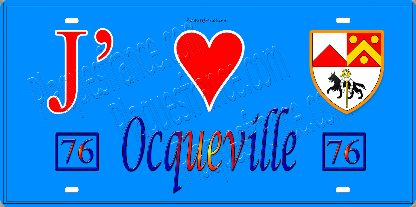 Plaque métal décorative 15X30 J' ❤️ Ocqueville, Seine Maritime (76) bleu