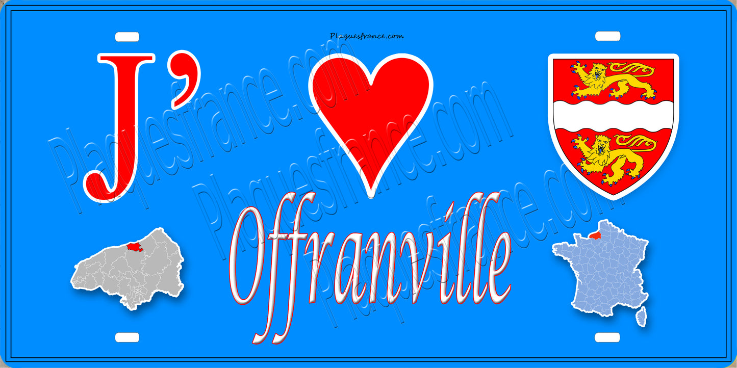 Plaque métal décorative 15x30 J' ❤️ Offranville, Seine Maritime (76) bleu carte