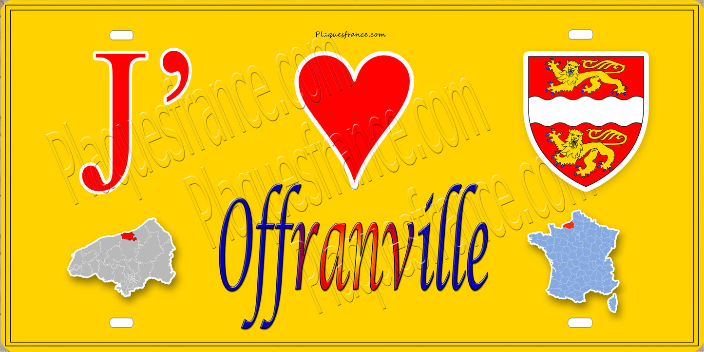 Plaque métal décorative 15x30 J' ❤️ Offranville, Seine Maritime (76) jaune carte