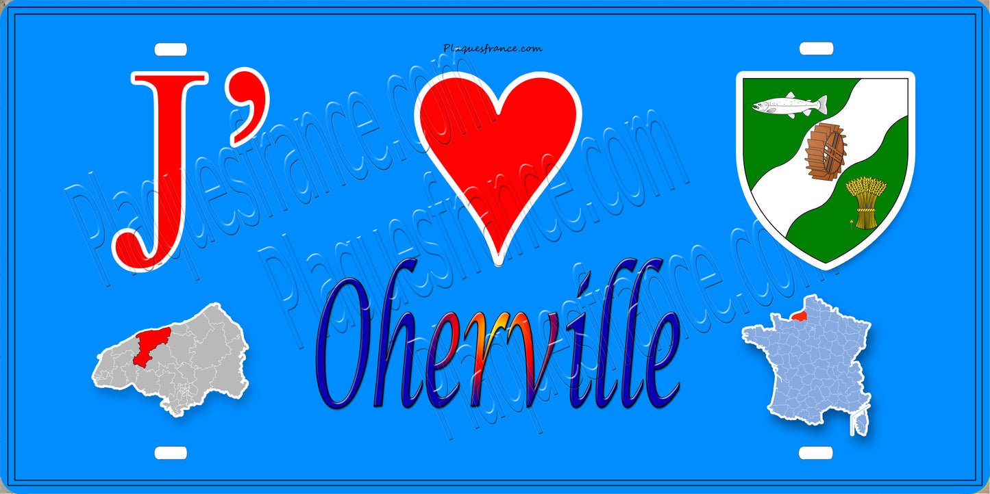 Plaque métal décorative 15X30 J' ❤️ Oherville, Seine Maritime (76) bleu carte