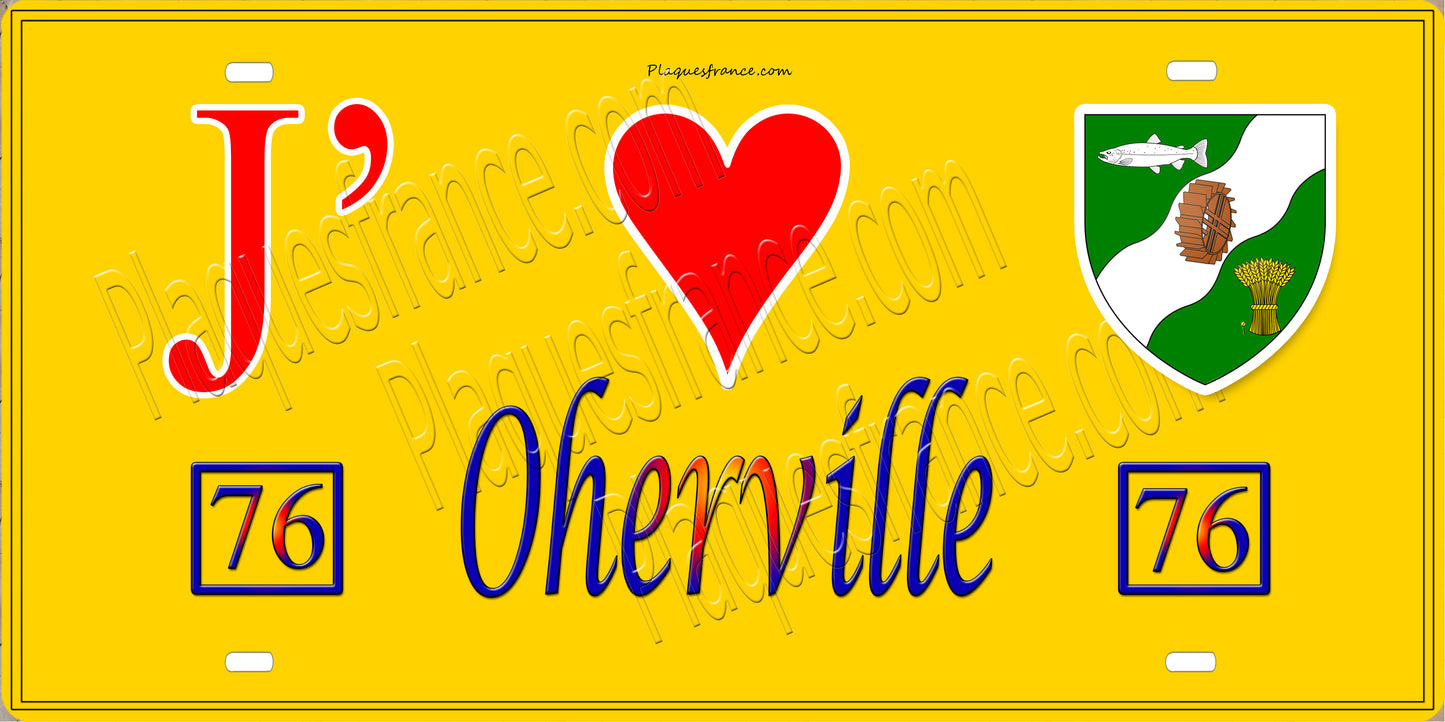 Plaque métal décorative 15X30 J' ❤️ Oherville, Seine Maritime (76) jaune