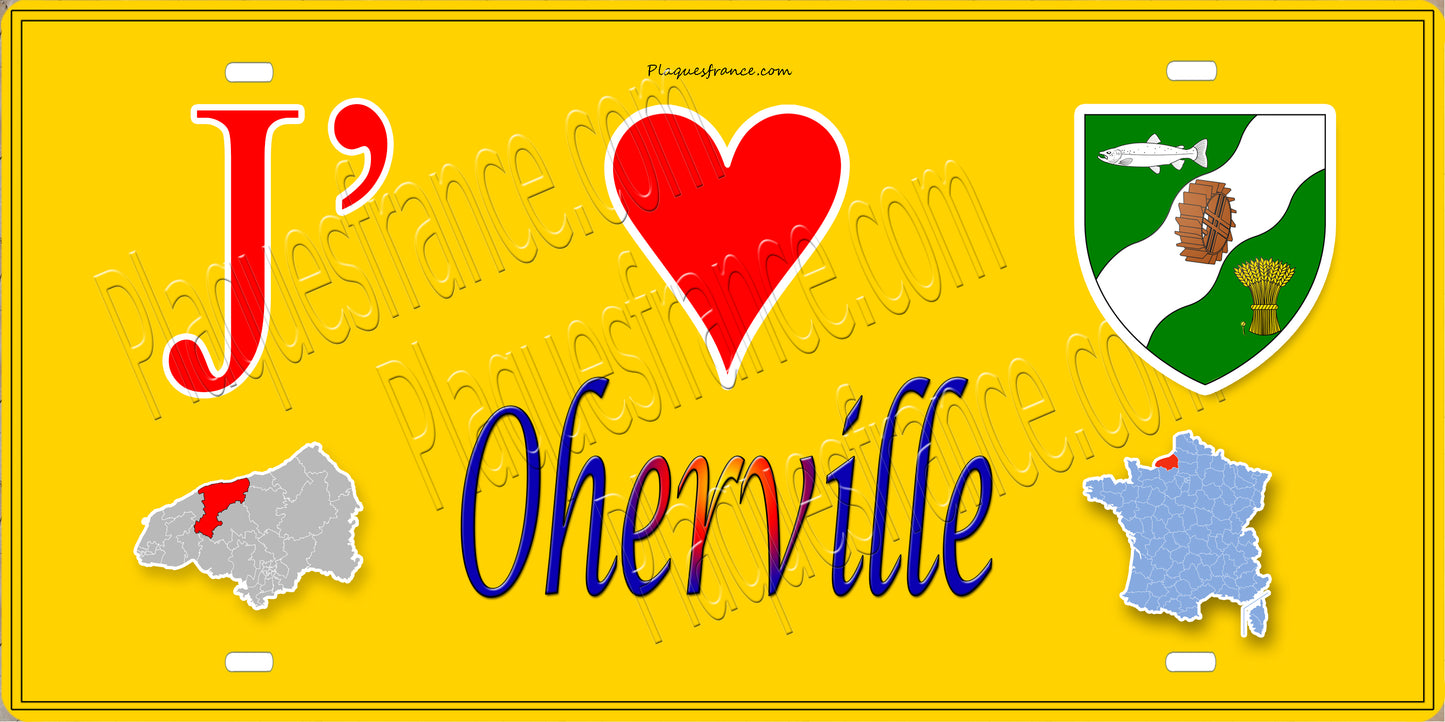 Plaque métal décorative 15X30 J' ❤️ Oherville, Seine Maritime (76) jaune carte