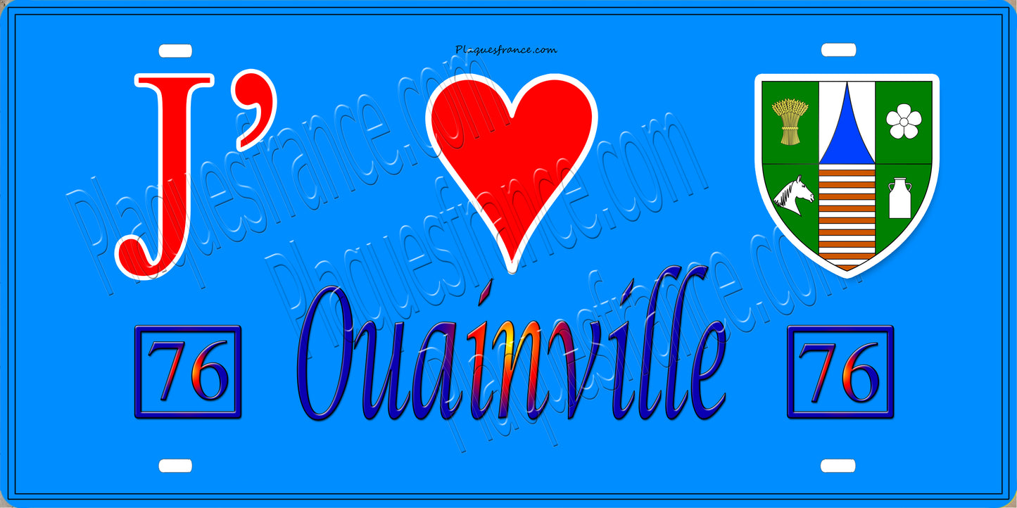 Plaque métal décorative 15X30 J' ❤️ Ouainville, Seine Maritime (76) bleu