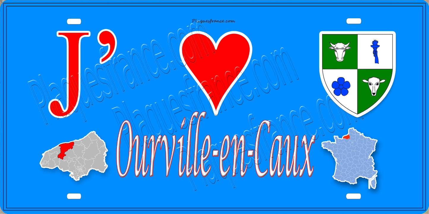 Plaque métal décorative 15X30 J' ❤️ Ourville-en-Caux, Seine Maritime (76) bleu carte