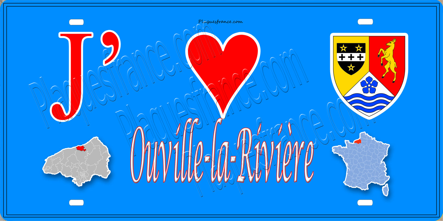 Plaque métal décorative 15x30 J' ❤️ Ouville-la-Rivière, Seine Maritime (76) bleu carte