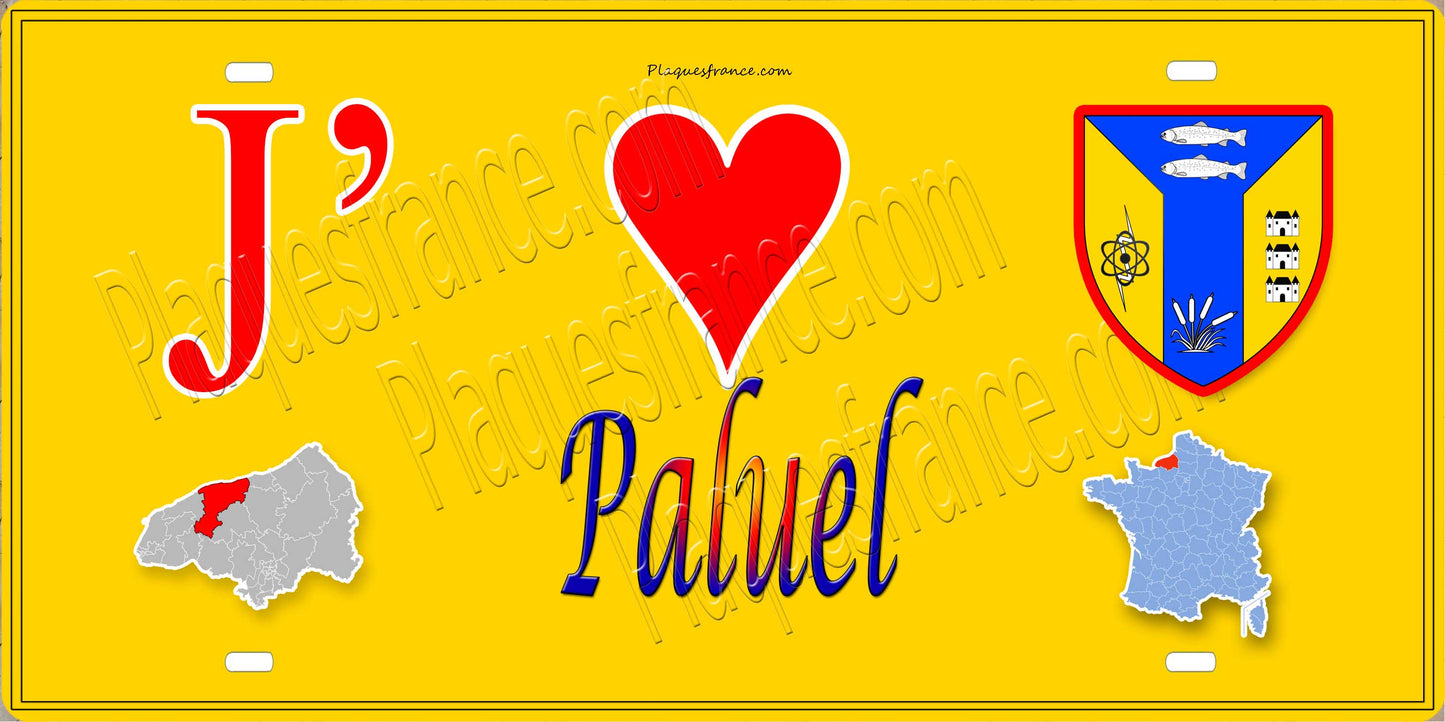 Plaque métal décorative 15X30 J' ❤️ Paluel, Seine Maritime (76) jaune carte
