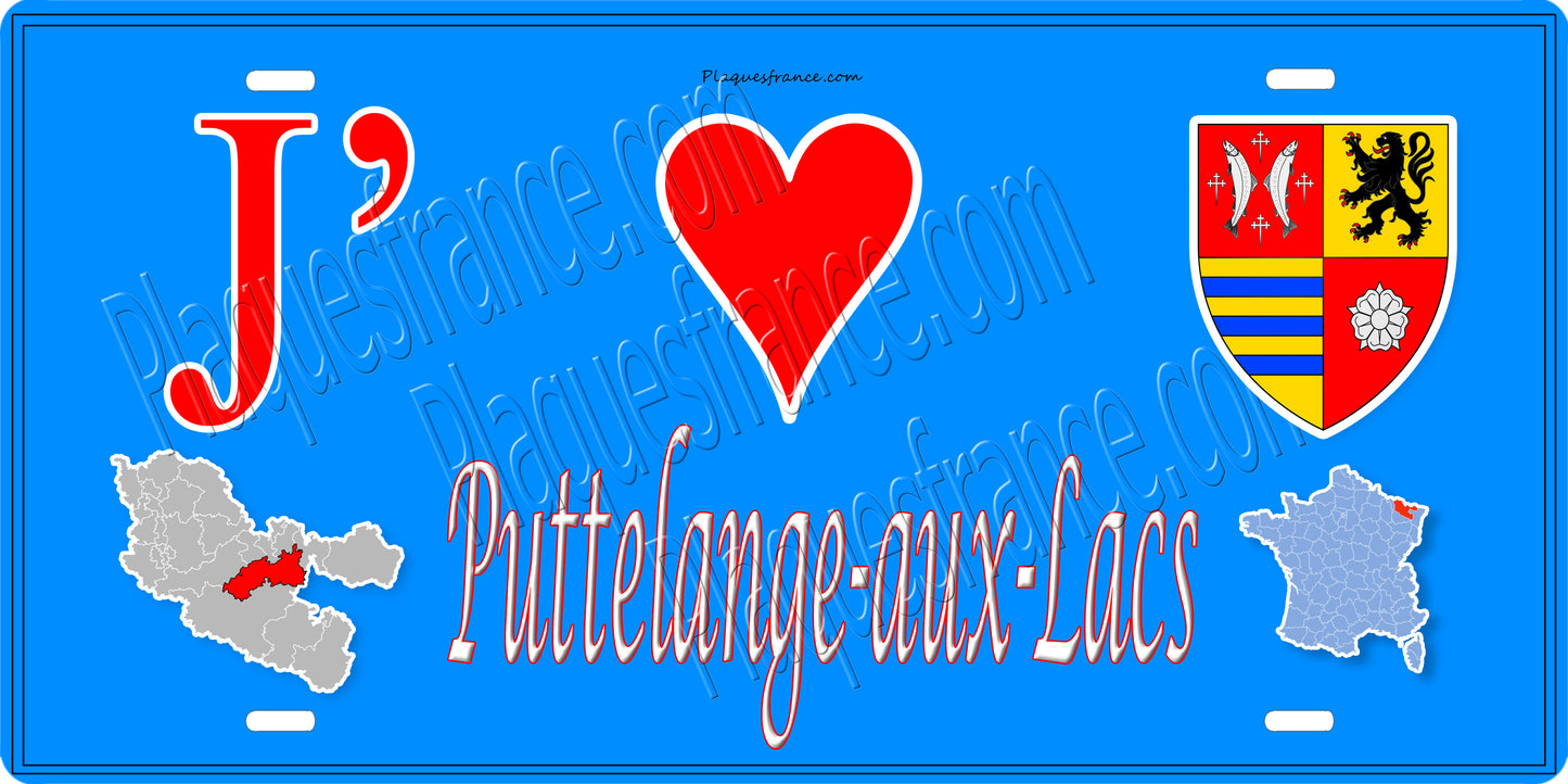 Plaque métal décorative 15 x 30 cm fond mur bleu carte J' ❤️ Puttelange-aux-Lacs, canton Sarralbe Moselle 57