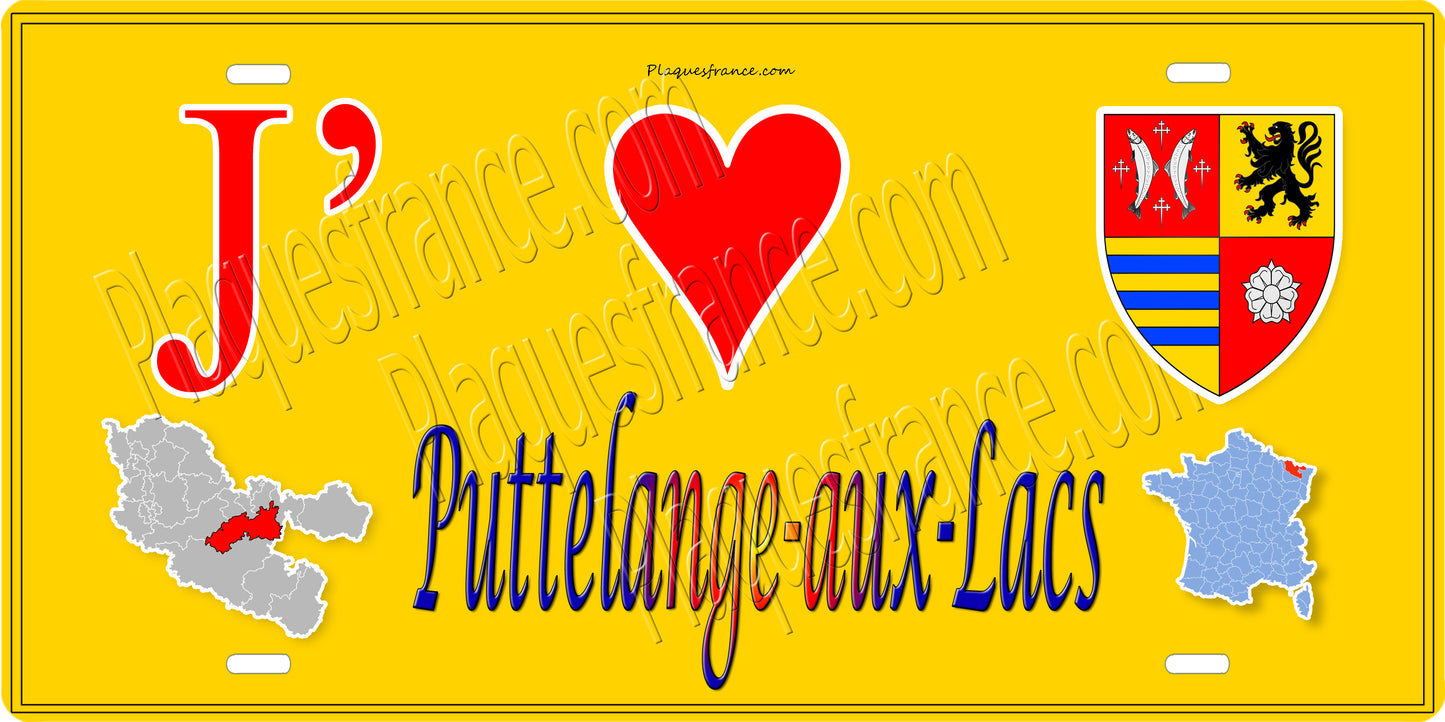 Plaque métal décorative 15 x 30 cm fond mur jaune carte J' ❤️ Puttelange-aux-Lacs, canton Sarralbe Moselle 57