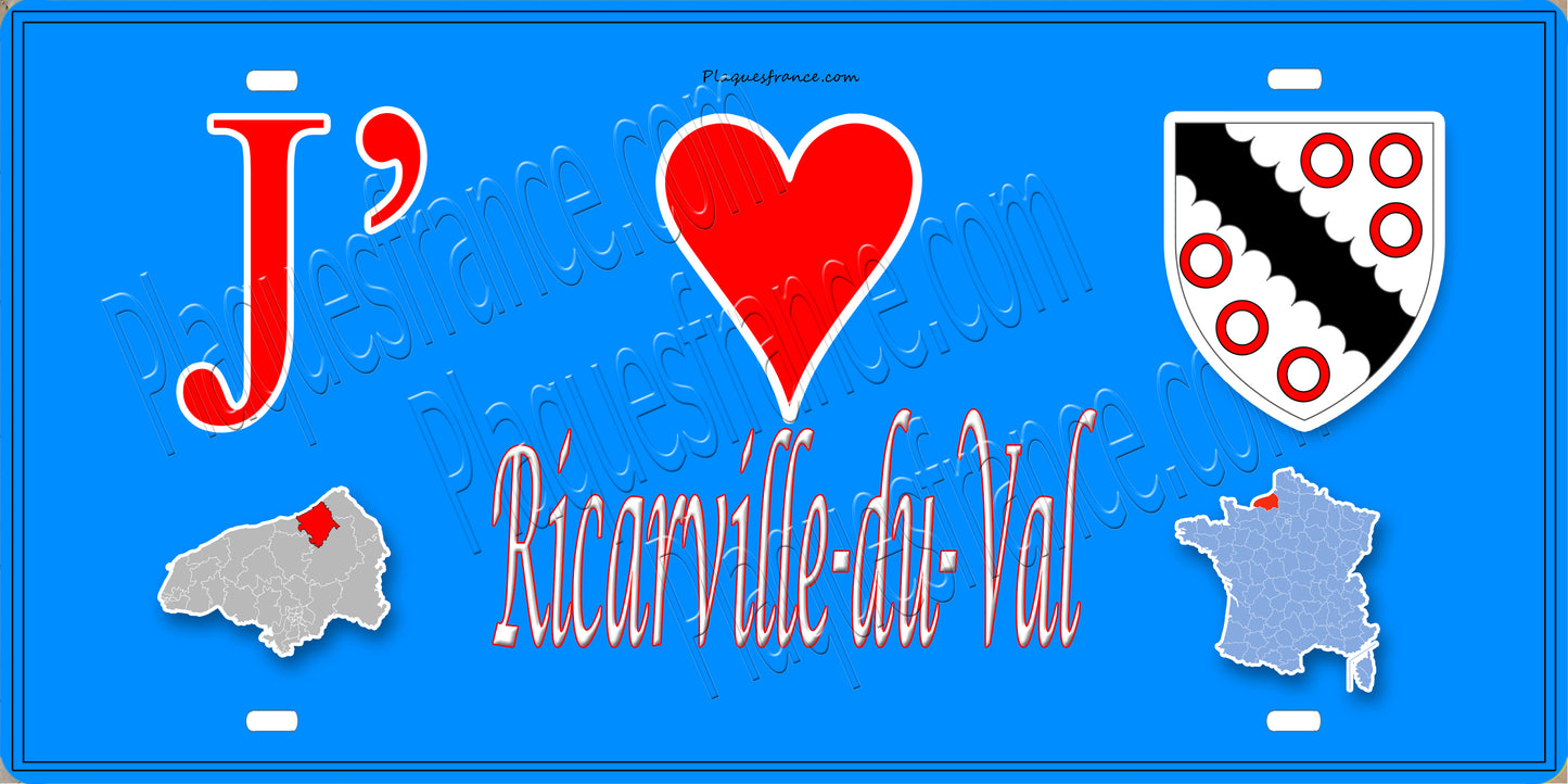 Plaque métal décorative J' ❤️ Ricarville-du-Val, Seine Maritime (76) bleu carte