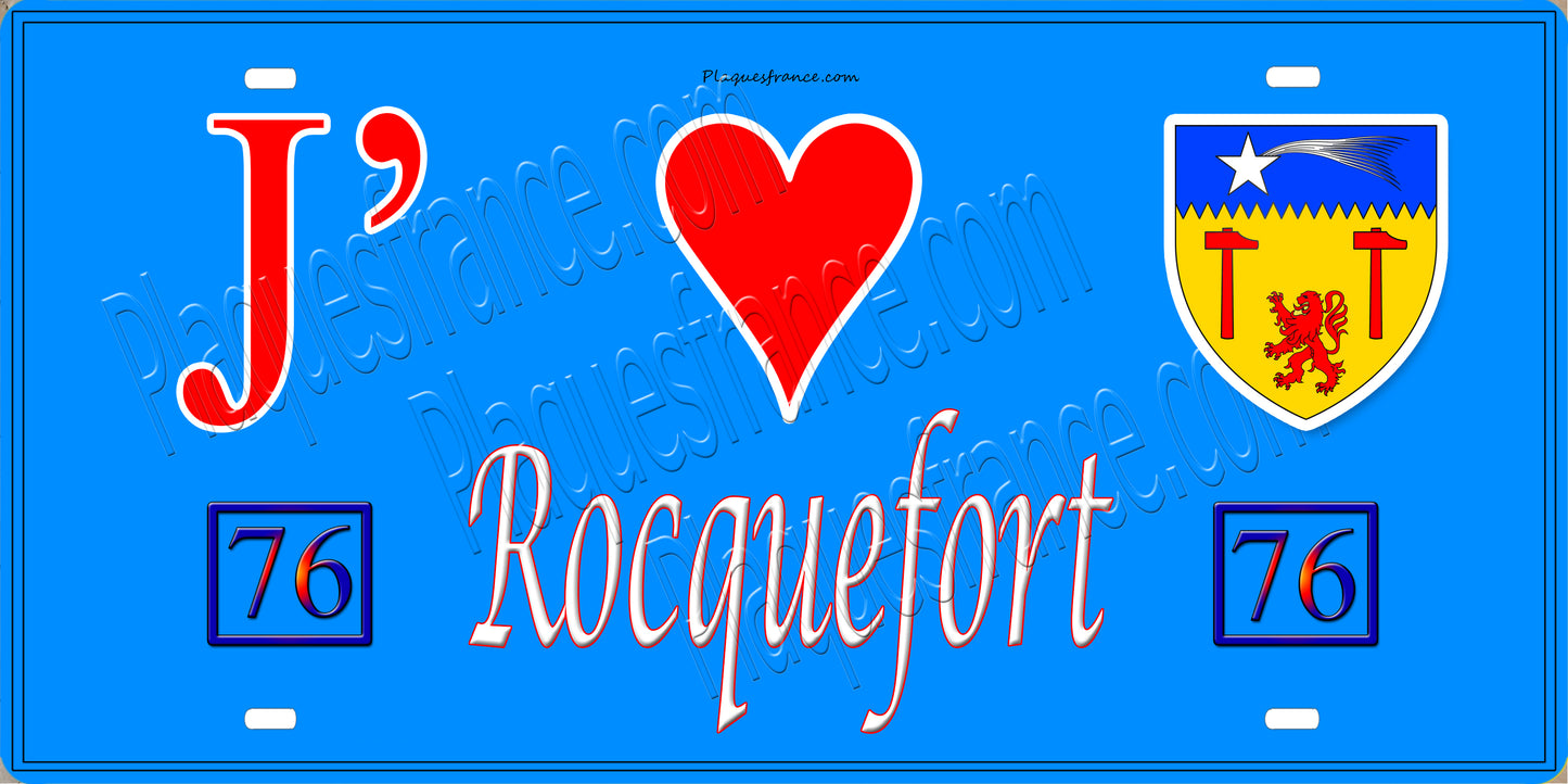 Plaque métal décorative 15X30 J' ❤️ Rocquefort, Seine Maritime (76) bleu
