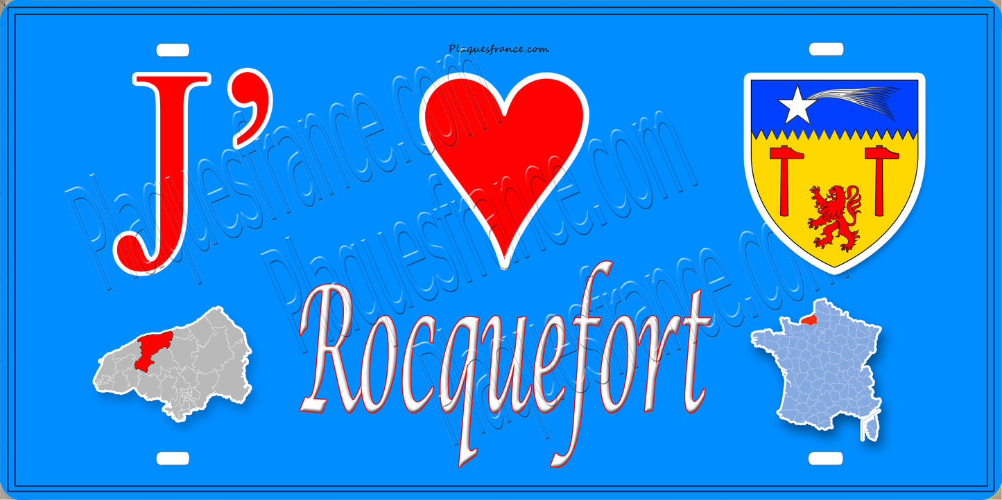 Plaque métal décorative 15X30 J' ❤️ Rocquefort, Seine Maritime (76) bleu carte