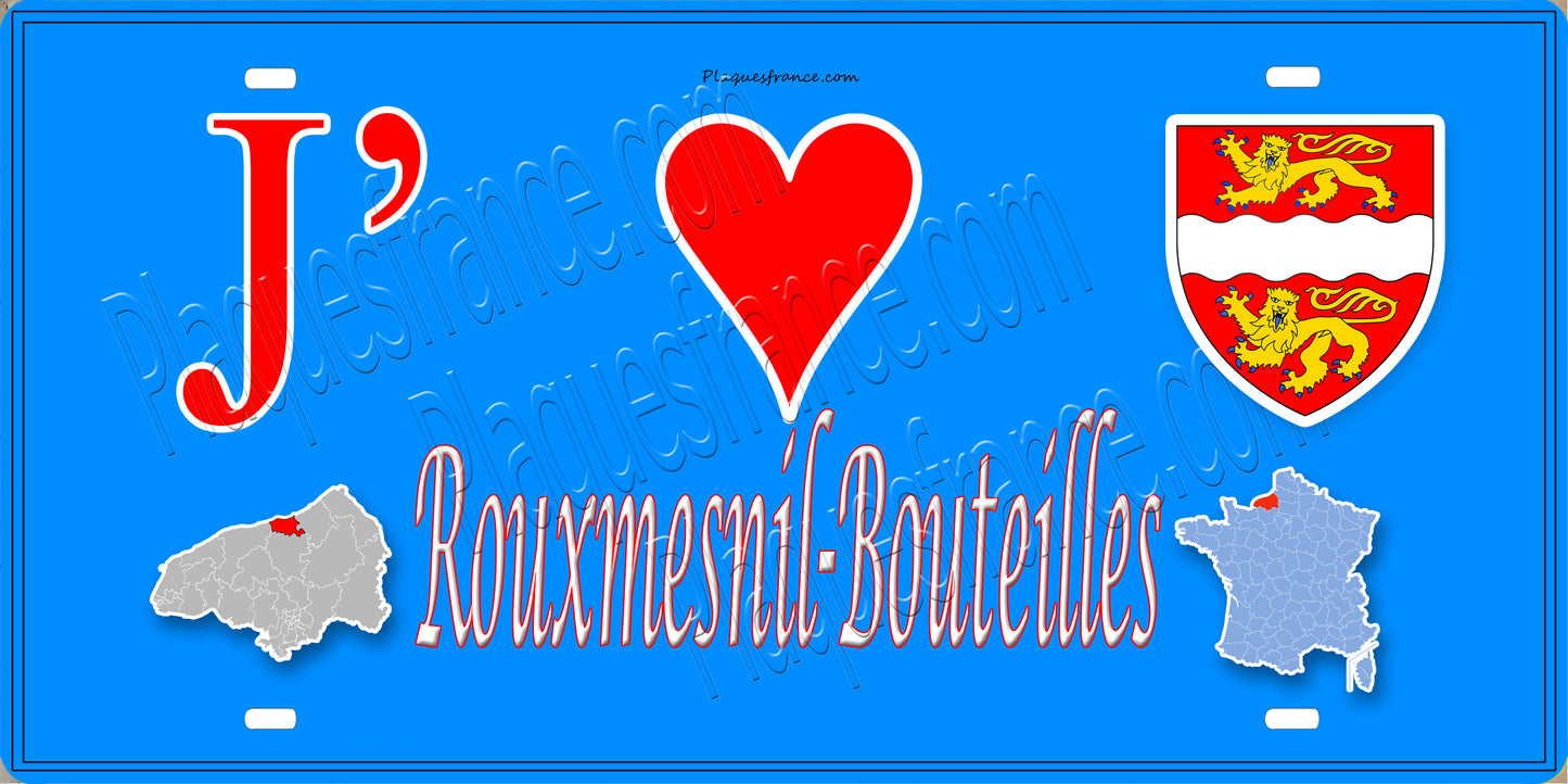 Plaque métal décorative 15x30 J' ❤️ Rouxmesnil-Bouteilles, Seine Maritime (76) bleu carte