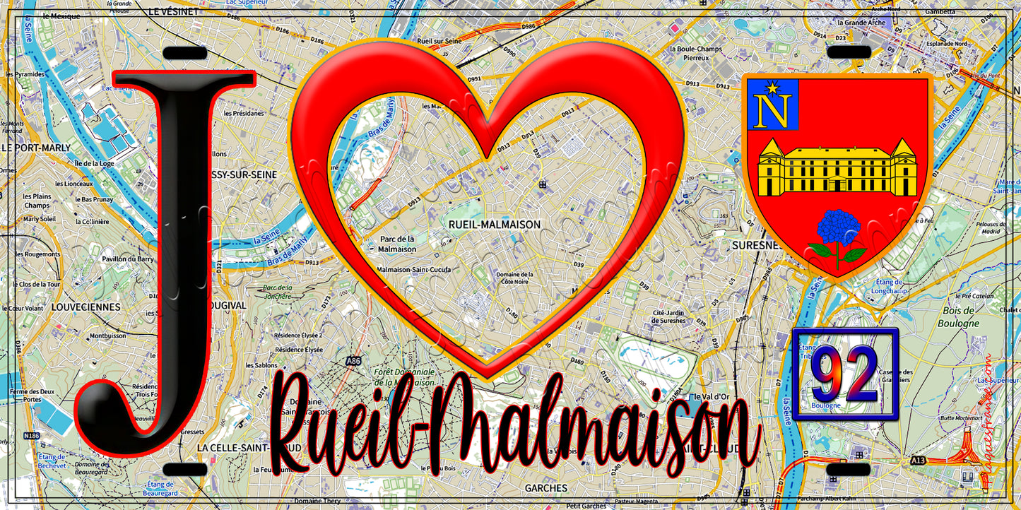 Plaque métal décorative J' ❤️ Rueil-Malmaison, Hauts de Seine (92) fond carte