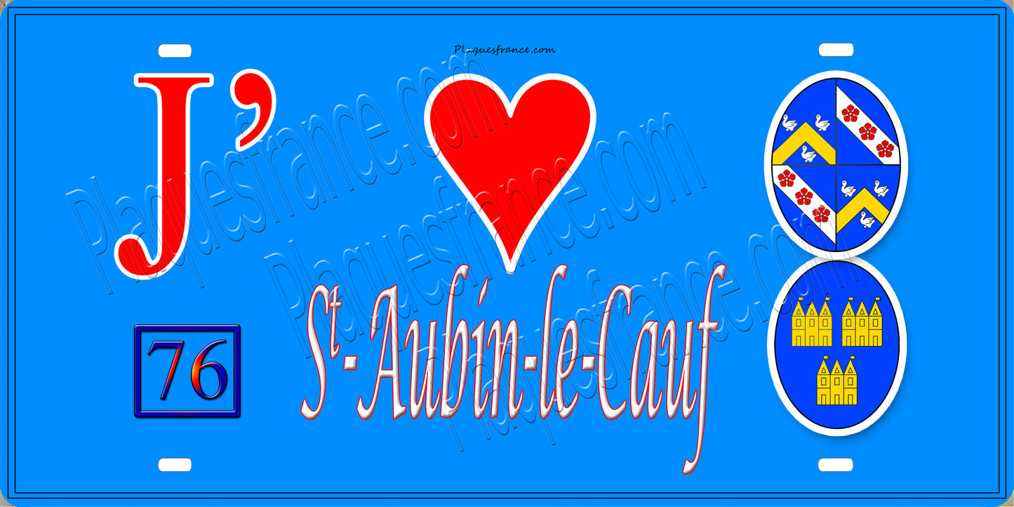 Plaque métal décorative 15x30 J' ❤️ Saint-Aubin-le-Cauf, Seine Maritime (76) bleu