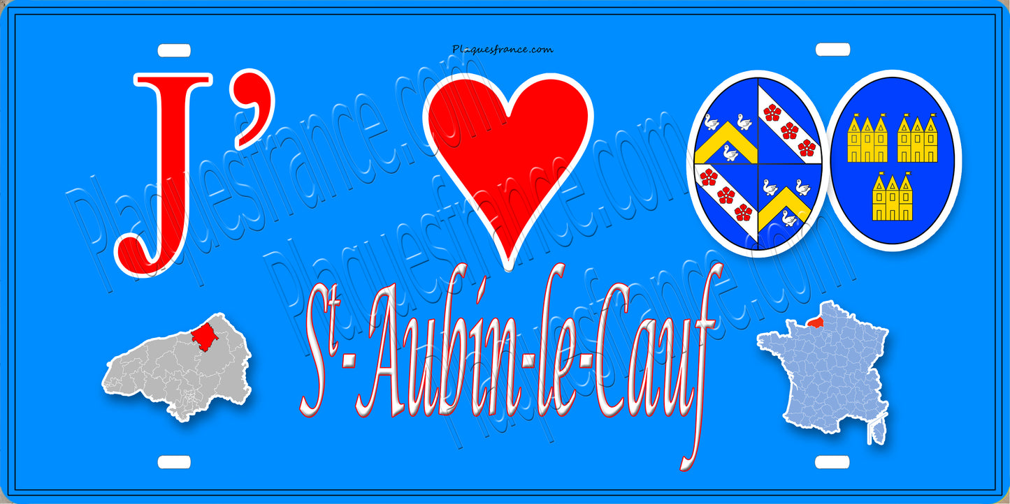 Plaque métal décorative 15x30 J' ❤️ Saint-Aubin-le-Cauf, Seine Maritime (76) bleu carte