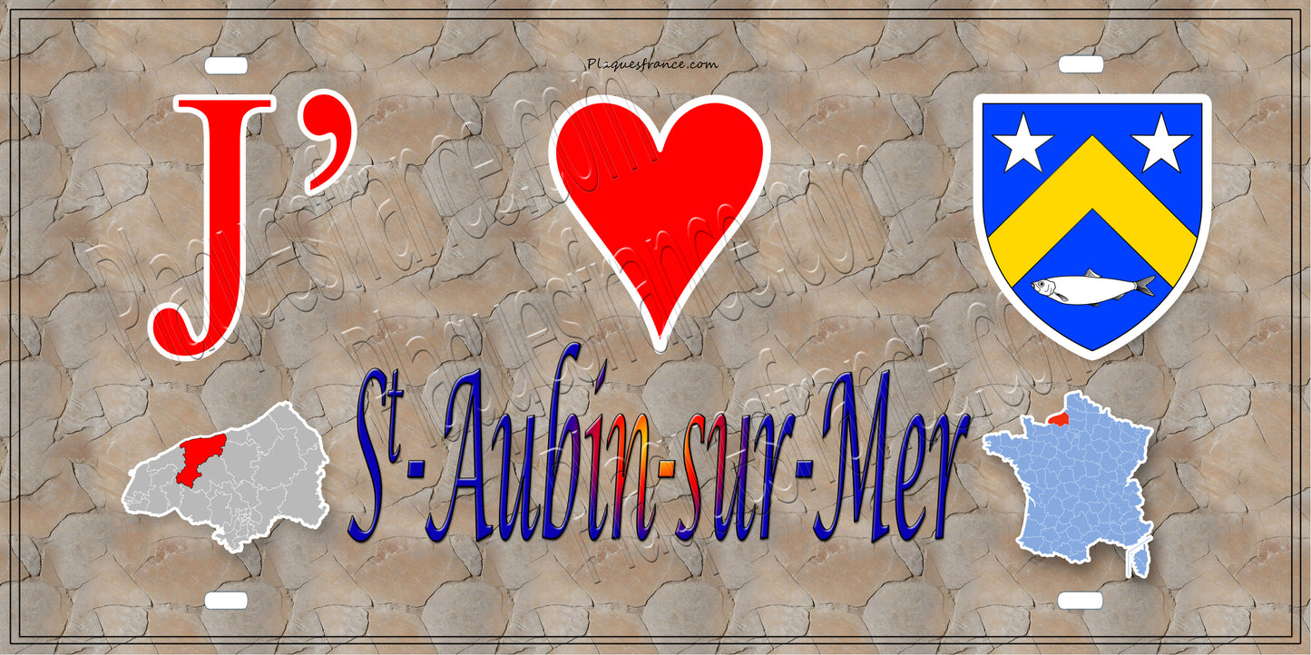 Plaque métal décorative 15X30 J' ❤️ Saint-Aubin-sur-Mer, Seine Maritime (76) antique carte