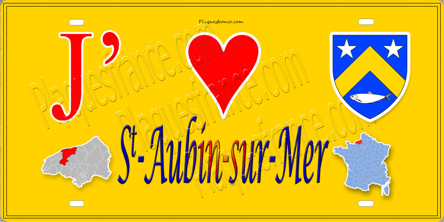 Plaque métal décorative 15X30 J' ❤️ Saint-Aubin-sur-Mer, Seine Maritime (76) jaune carte