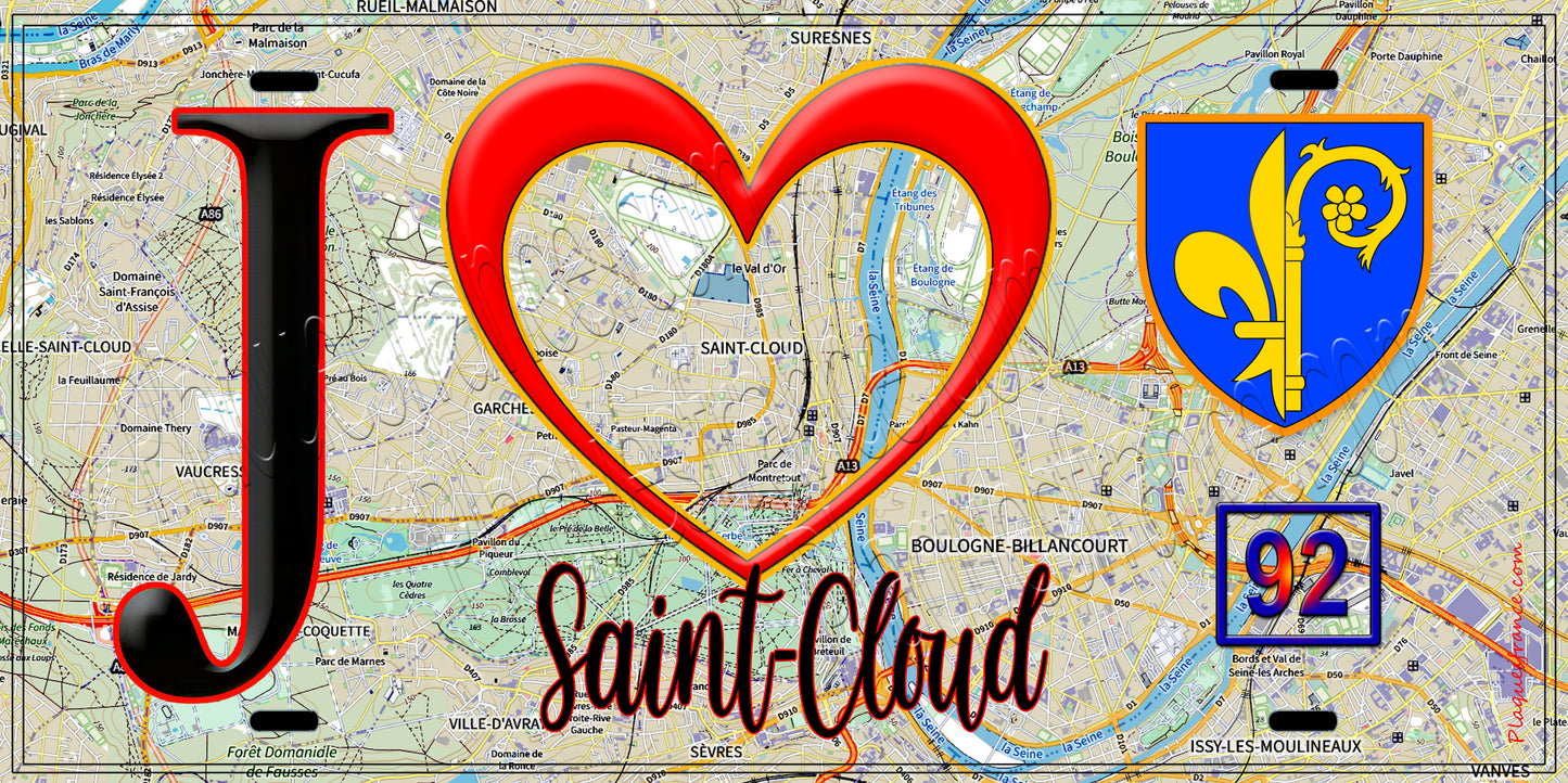 Plaque métal décorative J' ❤️ Saint-Cloud, Hauts de Seine (92) fond carte